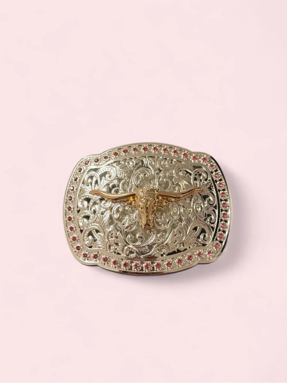 Silver and Gold Longhorn Western Belt Buckle with Pink Stones